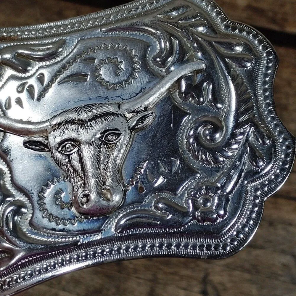 Vintage Belt Buckle Longhorn Texas Bull Western Silver Tone Cowboy Rodeo